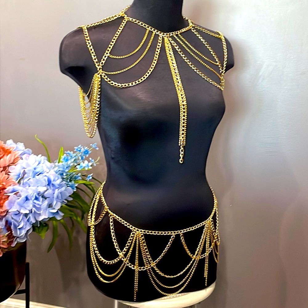 Body chain jewelry set bra thong cover